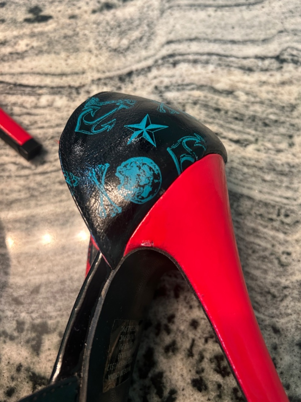 Iron Fist Black and Red Peep-Toe High Heels with Teal Accent - Picture 3 of 4